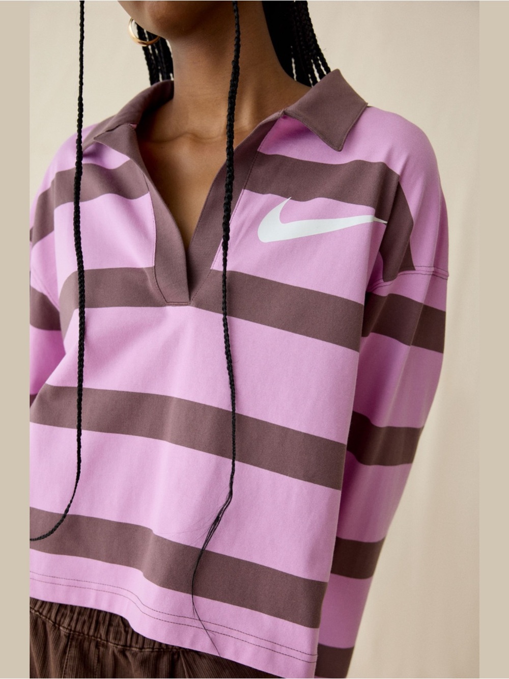 Nike Sportswear Oversized Rugby Polo Top Pink Brown Striped Long Sleeve Cotton